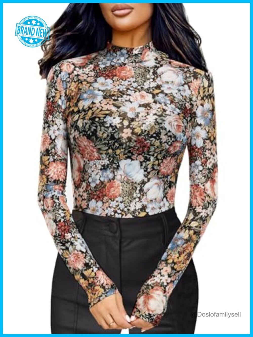 Floral Mesh Long Sleeve Mock Neck Fitted See Through Top